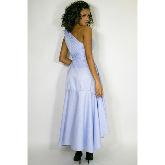N by Nancy Blue Striped One Shoulder Asymmetric Ruffle Hi-Lo Long Dress NEW - Picture 3 of 5